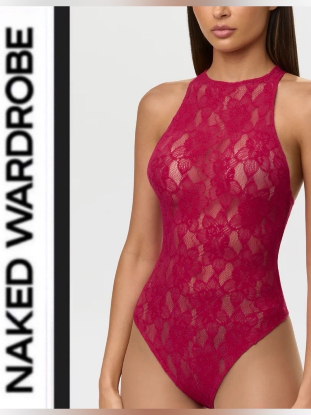 Naked wardrobe 🩷 stretch lace racerback  Bodysuit in Dark Raspberry